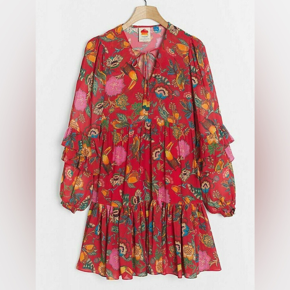 Anthropologie X Farm Rio Jordyn Boho Tropical Bird Print Tiered Mini Dress ✨